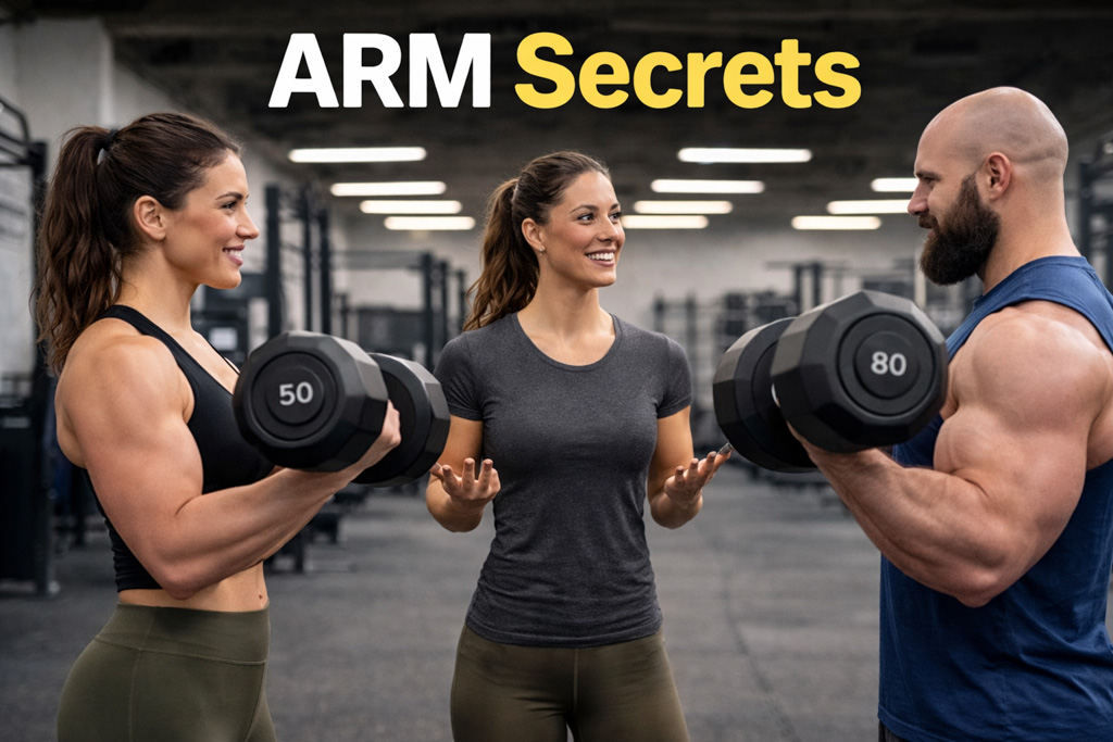 A gym owner helps two clients with huge arms perform biceps curls.