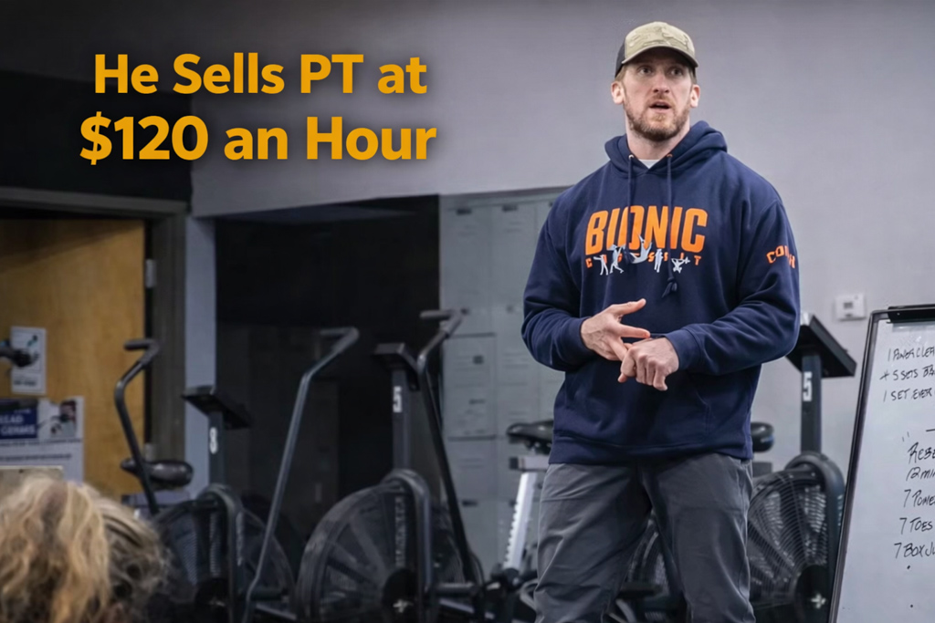 A photo of Chris Vasseur coaching in Bionic CrossFit with the title "He sells PT at $120 an hour."