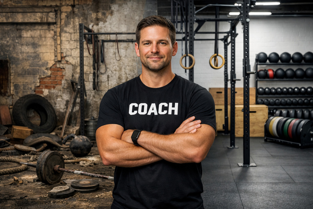 A confident gym owner stands in a gym, half of which is dilapidated and half of which is pristine.