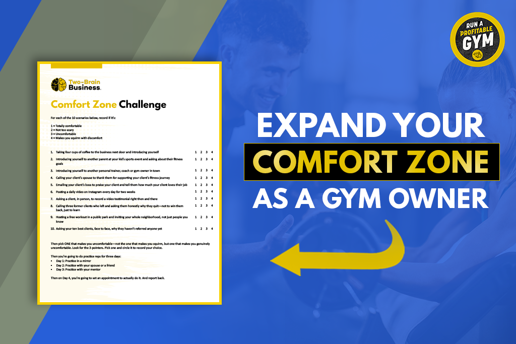 Chris Cooper's Comfort Zone Challenge worksheet with text "Expand your comfort zone as a gym owner"