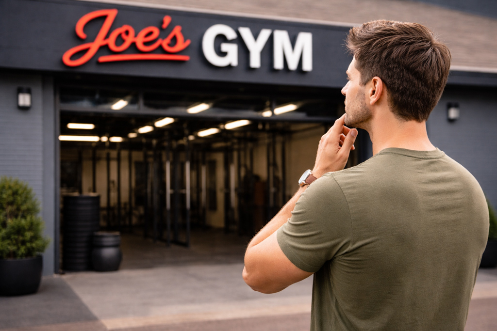 An entrepreneur stands in front of a fitness facility and ponders how to buy a gym.