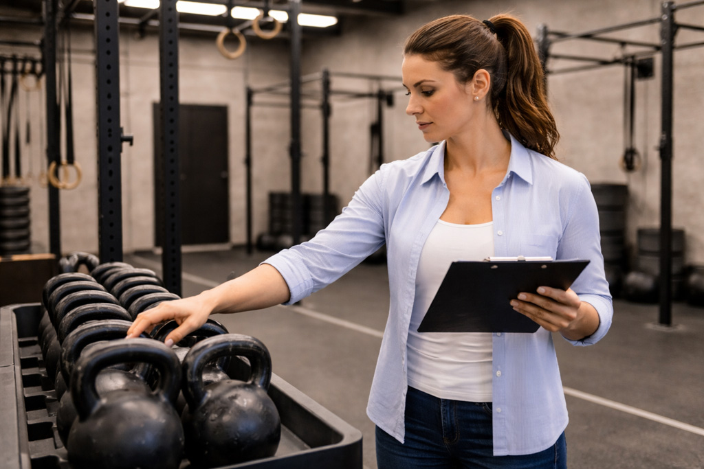 A potential gym buyer evaluates equipment condition as part of a gym acquisition.