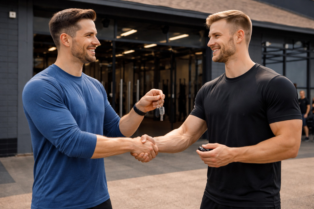 An entrepreneur hands over a set of keys to another who bought the gym business.
