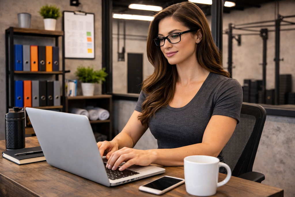 A gym manager works on a laptop in an office.