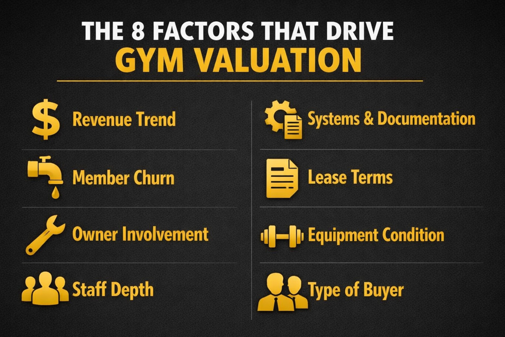 An infographic that shows the 8 factors that affect gym valuation, from lease terms to member churn.