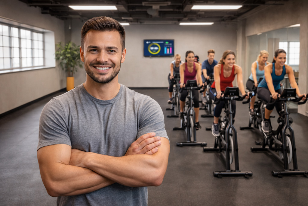 A confident, relaxed gym owner stands in a specialized, focused facility where cyclists ride stationary bikes and no other equipment is visible.
