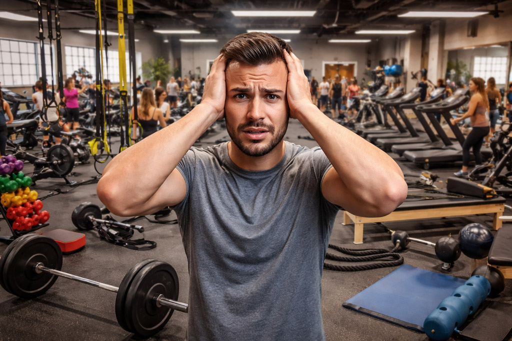 A stressed gym owner stands in a facility full of equipment for every style of training, from Pilates to functional fitness.