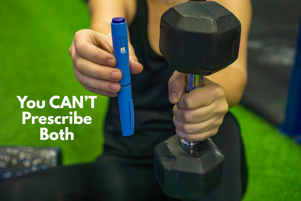 A woman holds a dumbbell and a blue GLP-1 injector with the caption "you can't prescribe both."