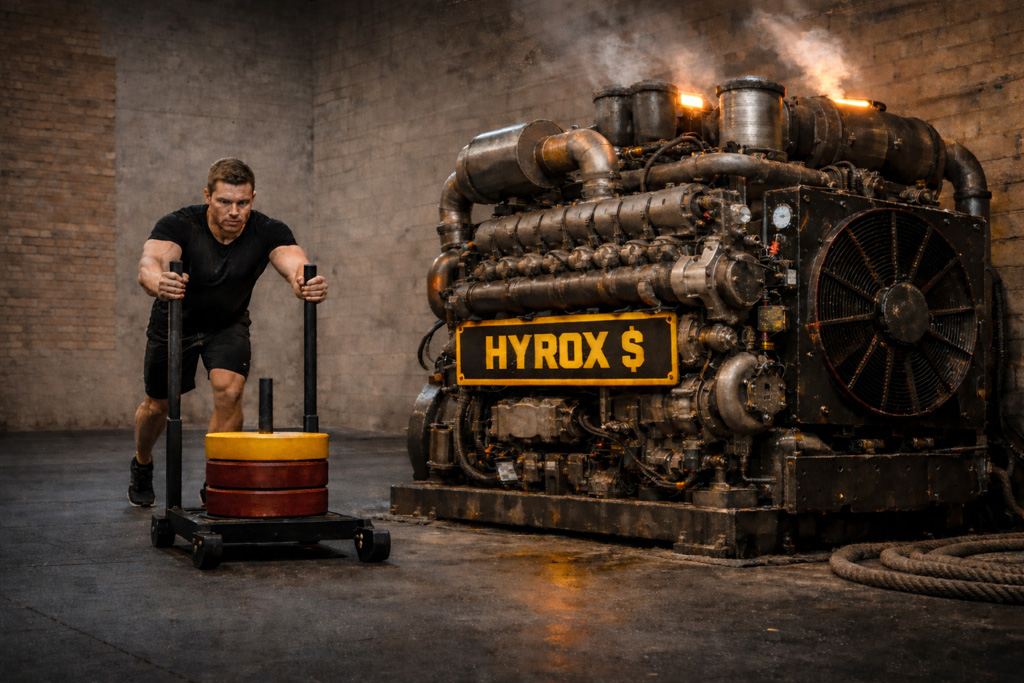A man pushes a sled in a gym with a massive, fiery engine with a label "Hyrox $."