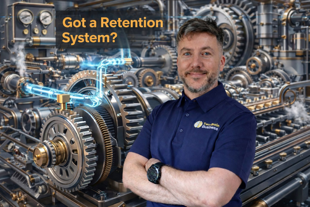 A photo of Two-Brain mentor Brian Foley in front of a large machine with the title "Got a Retention System?"