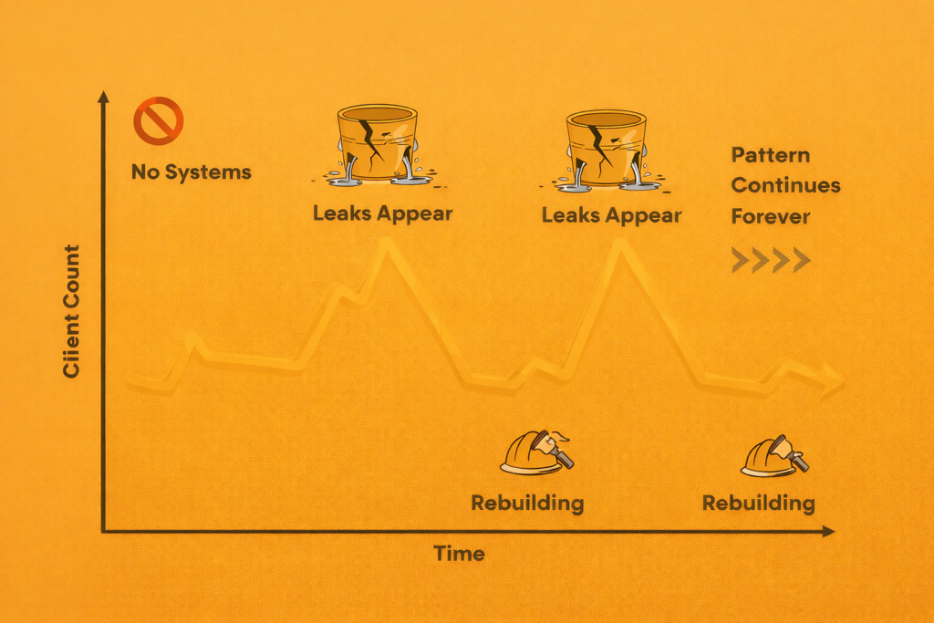 A line graph showing a gym's client count repeatedly rising and then falling due to a lack of retention systems.