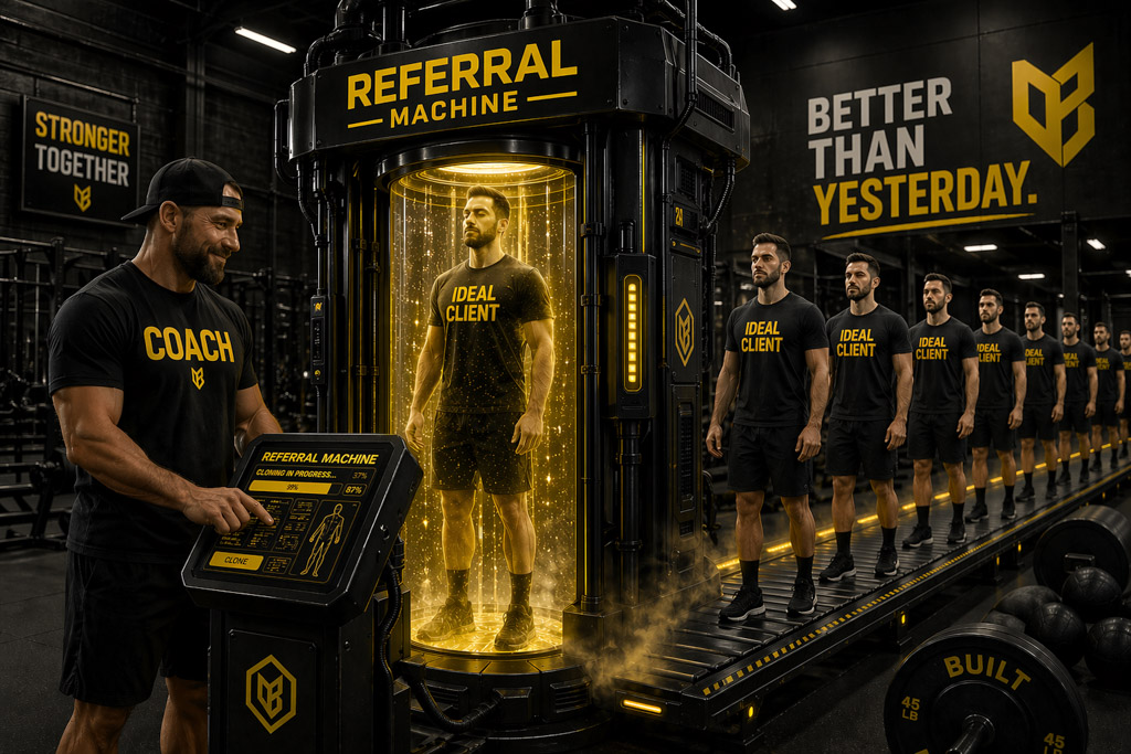 A gym owner uses a science fiction machine to clone his best clients.