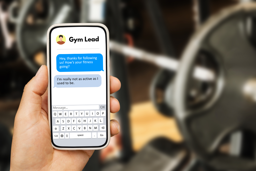 Gym background with phone screen that says "Gym Lead" and a short DM convo