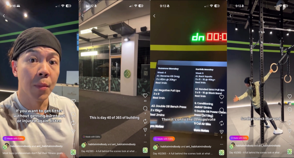 Screenshot of gym owner's social media videos about a day in the life at their gym