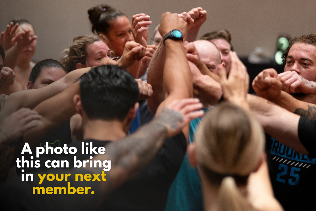 Cheering people after gym workout with text "A photo like this can bring in your next member."