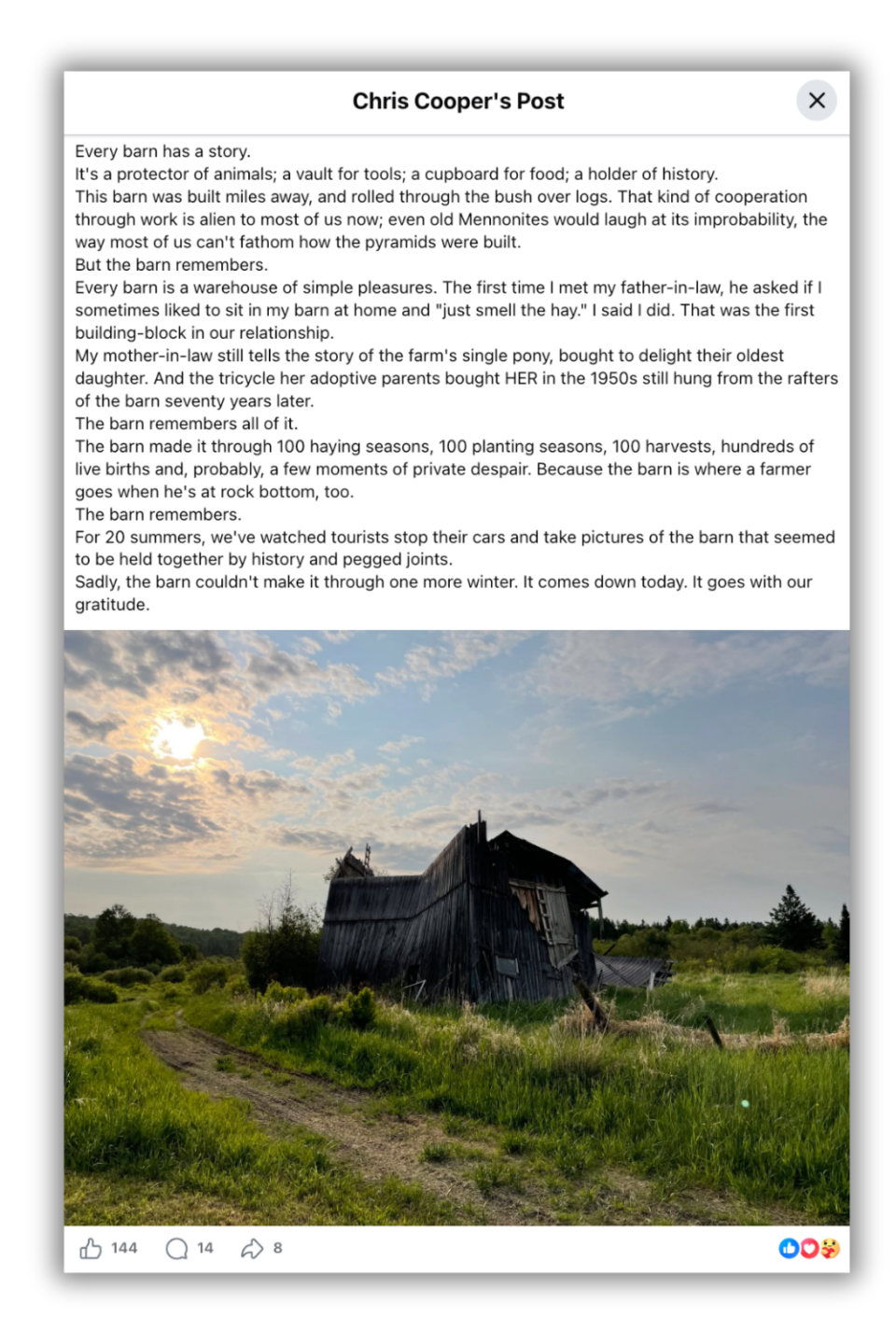 Screenshot of Chris Cooper's Facebook post about his barn