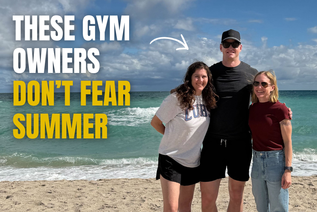 Three gym owners on a beach with text "these gym owners don't fear summer"