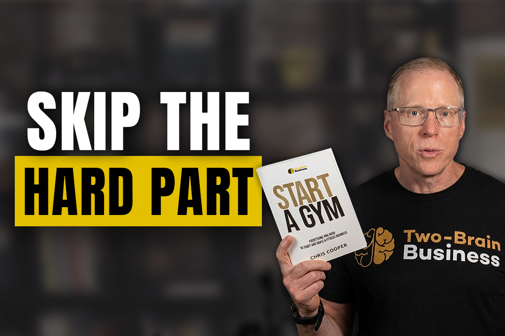Chris Cooper holding his book "Start a Gym" with text "skip the hard part"