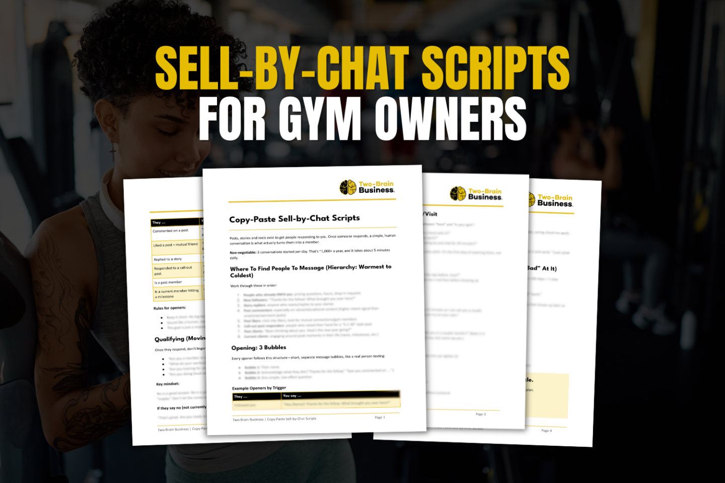 Images of DM scripts with text "Sell-by-chat scripts for gym owners"