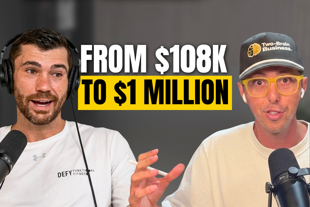 Gym owner Darren Thornton and Two-Brain CEO John Franklin with text "FROM $108K TO $1 MILLION"