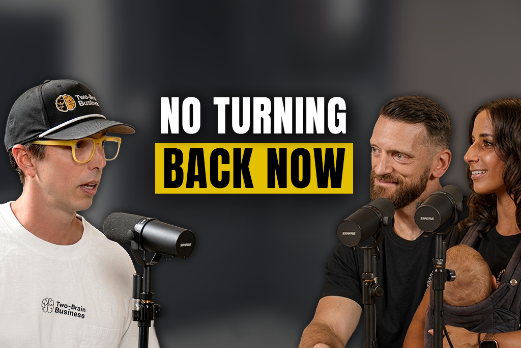 Two-Brain CEO John Franklin with gym owners Steven Smith and Andreia Onofre Smith and text "NO TURNING BACK NOW"