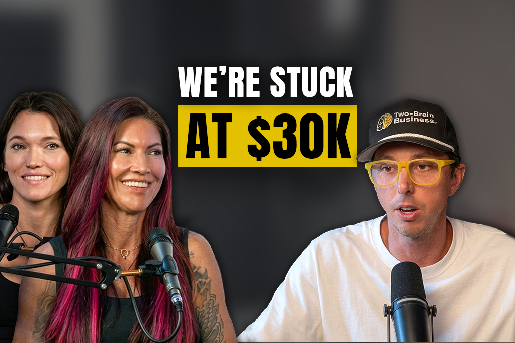 Two-Brain CEO John Franklin with gym owners Tanya and Meredith and text "We're stuck at $30K"