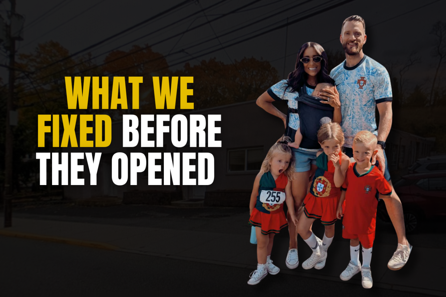 Two-Brain mentees Steven and Andreia with their family, their gym and text "WHAT WE FIXED BEFORE THEY OPENED"