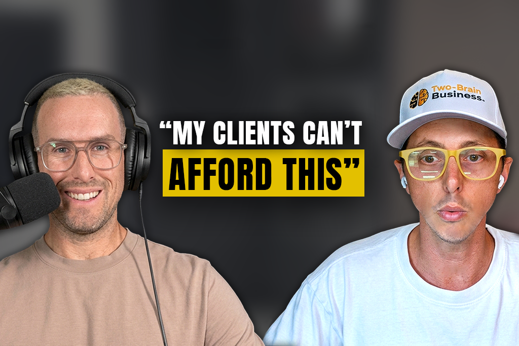 Gym owner and mentor Tres Kennedy with Two-Brain CEO John Franklin and text "'My clients can't afford this'"