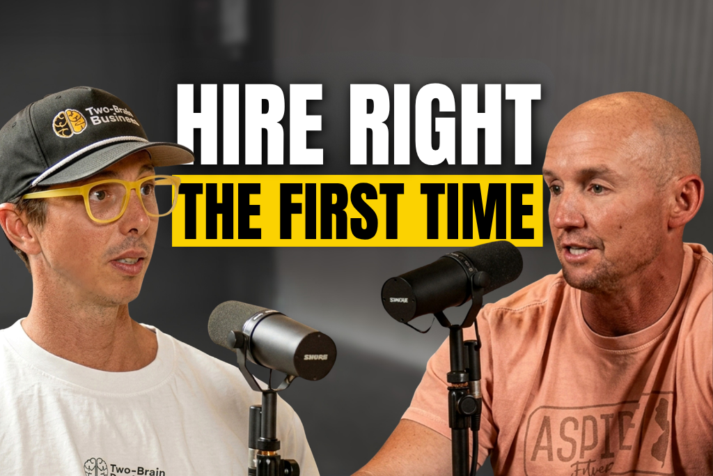 Two-Brain CEO John Franklin with gym owner Brian Bott and text "HIRE RIGHT THE FIRST TIME"